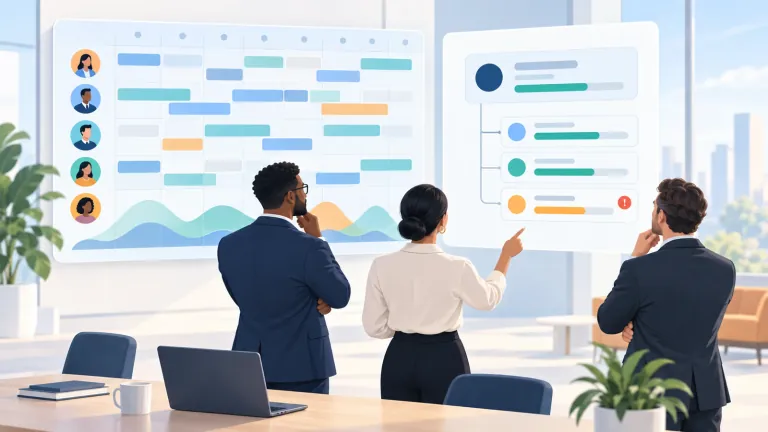 Business leaders comparing a workforce planning board with a focused project time and budget summary
