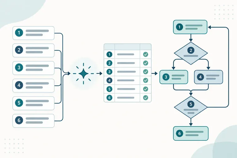 Illustration of six numbered requirements passing through AI generation and a checked traceability table into a six-node flowchart with a return loop