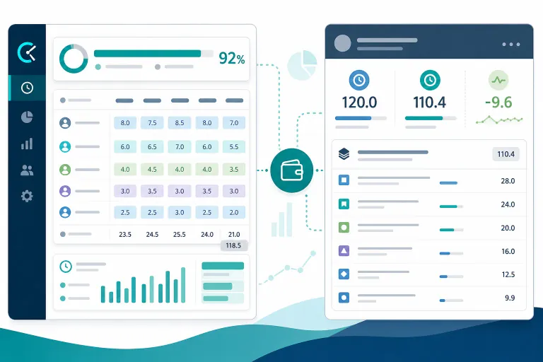 Project manager comparing Clockify budget dashboard with Jira epic time rollup showing synced worklogs versus hierarchy totals