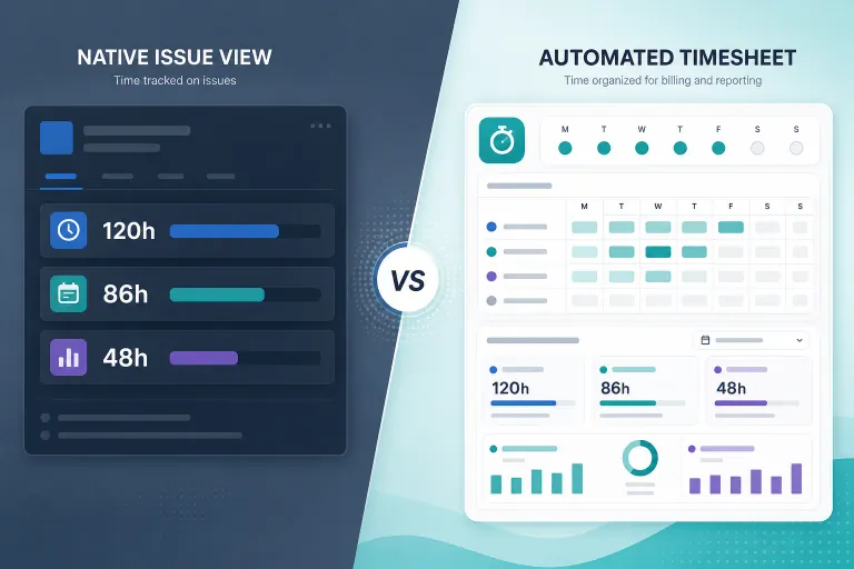 Project manager comparing native Jira time field panels with Clockwork automated timesheet and budget reporting dashboards
