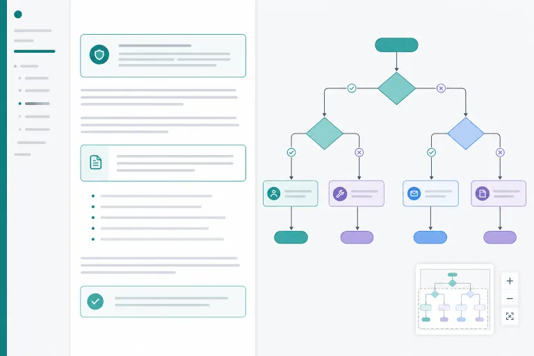 Support lead and product owner reviewing a top-down Mermaid decision tree with diamond branch nodes beside Confluence policy prose and wide reader navigation