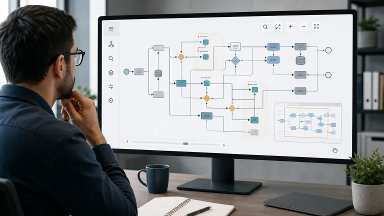 Illustration of a reader navigating a large diagram with an overview and zoom controls.