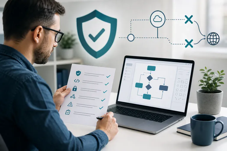 Confluence administrator reviewing a Mermaid macro security checklist covering Forge scopes, data egress, and diagram sanitization controls