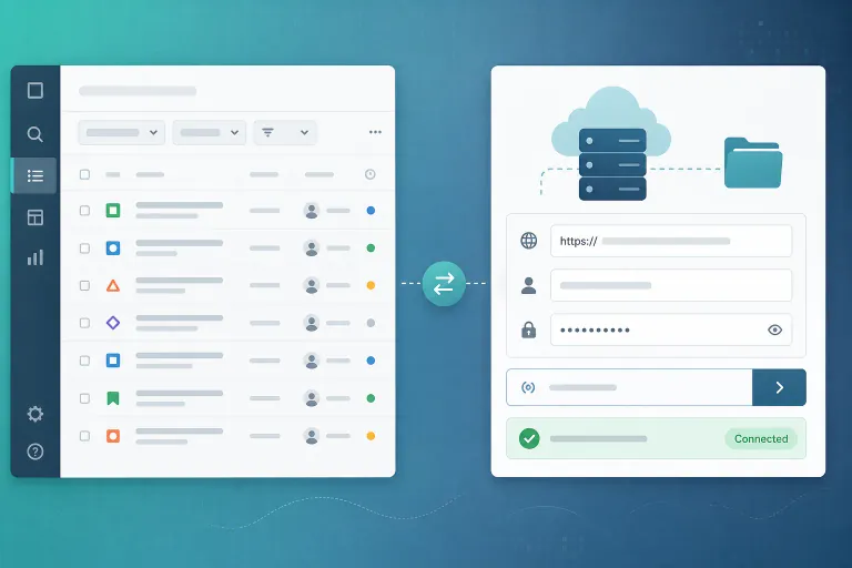 Jira administrator configuring Nextcloud for Jira connection settings with HTTPS URL, service account, app password, test connection button, and Connected status before saving