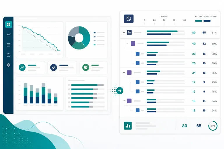 Project manager reviewing Jira dashboard charts alongside explainable time rollup breakdown by epic and assignee