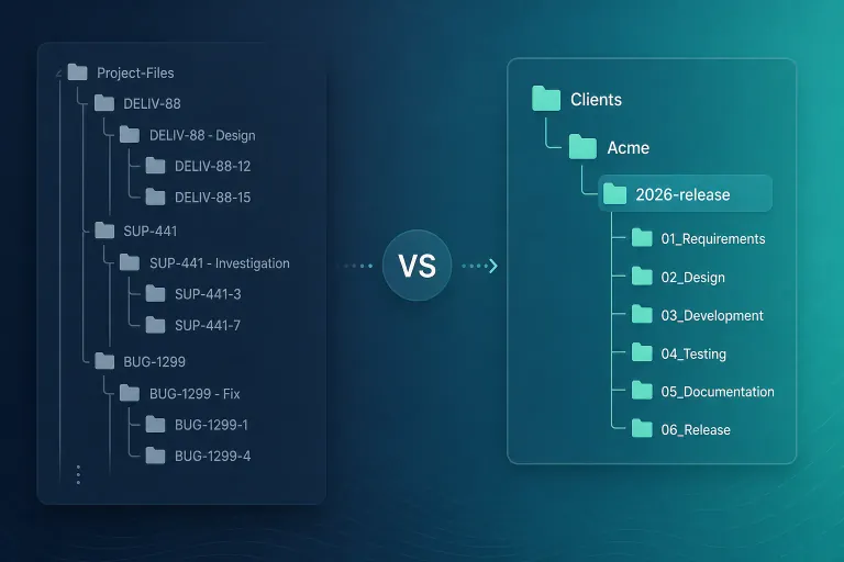 Jira administrator comparing auto-created Jira issue-key folders in Nextcloud with shared client project directories when designing folder conventions for delivery teams