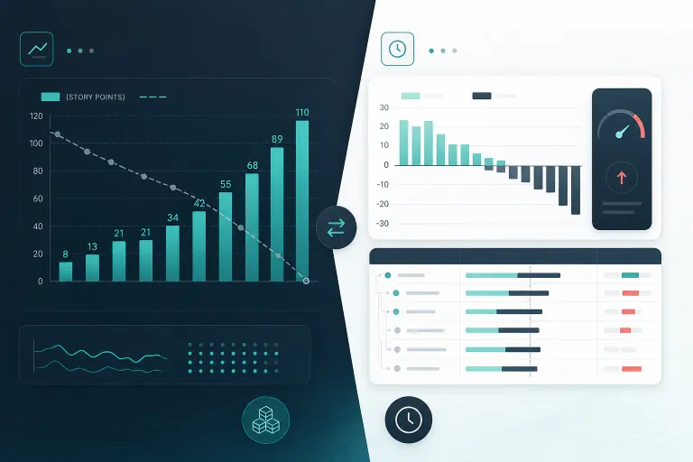Agile coach and project manager contrasting Jira velocity story-point throughput with hour-based budget variance reporting for stakeholders