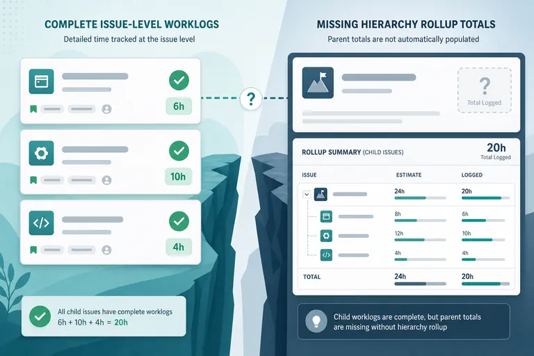 Scrum master reviewing complete story worklogs alongside an epic time rollup summary showing child hours versus parent total