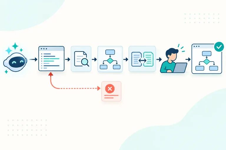 Editorial illustration of AI-generated Mermaid source passing through syntax, render, comparison and human-review gates, with a failed result looping back for repair