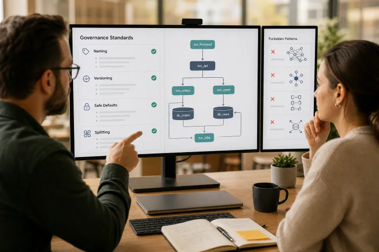 Documentation lead and Confluence admin reviewing a published Mermaid diagram governance standard with naming prefixes, forbidden syntax patterns, and rollout checklist on a shared monitor