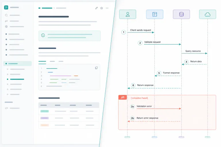 API documentation team reviewing a Mermaid sequence diagram for service request and error paths inside Confluence documentation