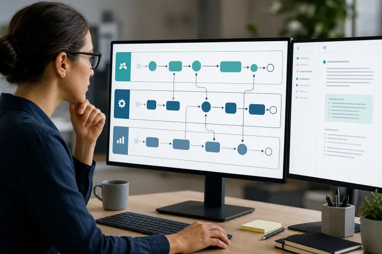 Operations lead reviewing a cross-team Mermaid swimlane flowchart with Sales, Operations, and Finance subgraph lanes beside Confluence workflow prose and wide reader navigation