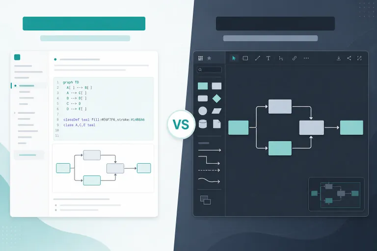 Illustration comparing text-based diagram editing with a visual canvas.