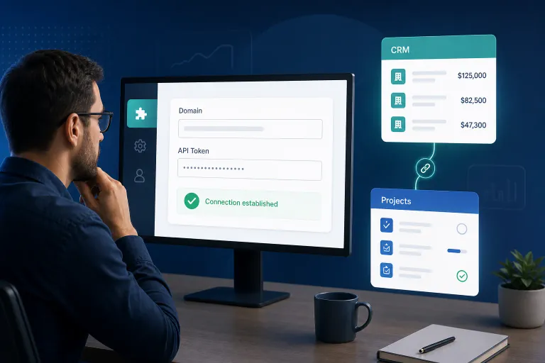 Jira administrator verifying Pipedrive company domain and API token credentials on an integration Connection tab before linking CRM data to Jira Cloud