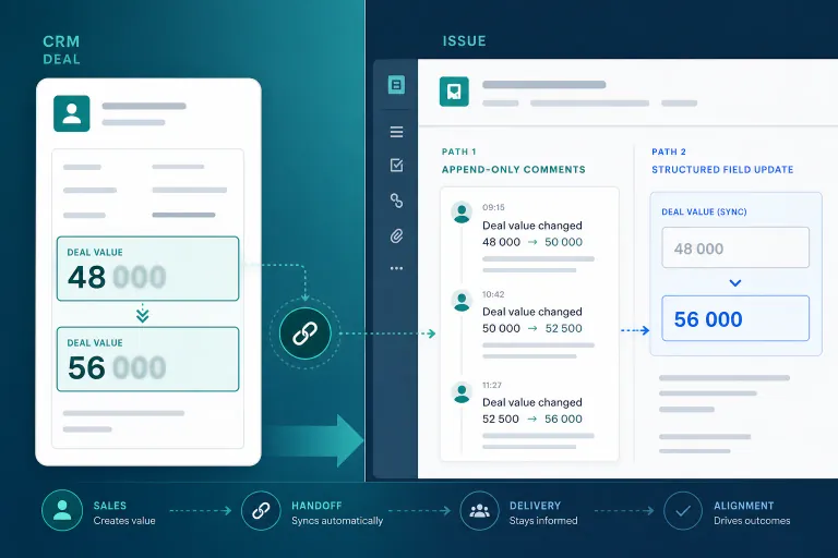 Implementation manager comparing Pipedrive deal change events posted as Jira issue comments versus updated custom fields on a linked onboarding epic