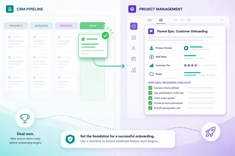 Implementation manager reviewing a won-deal readiness checklist beside Pipedrive pipeline and a pre-filled Jira onboarding epic before customer kickoff