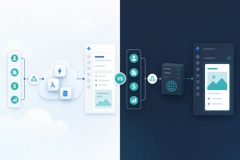 Jira administrator comparing Forge and Connect hosting architecture diagrams for Pipedrive CRM webhook paths, credential storage, and issue panel integration on Jira Cloud