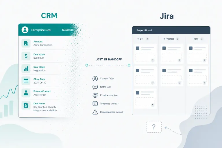 Implementation manager reviewing a fading Pipedrive deal snapshot beside a Jira onboarding board where delivery work lacks sales context