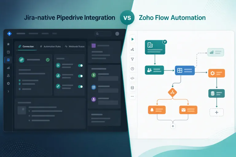 Jira admin comparing native Forge Pipedrive integration with Zoho Flow multi-app automation for deal-won handoff and live CRM context inside Jira