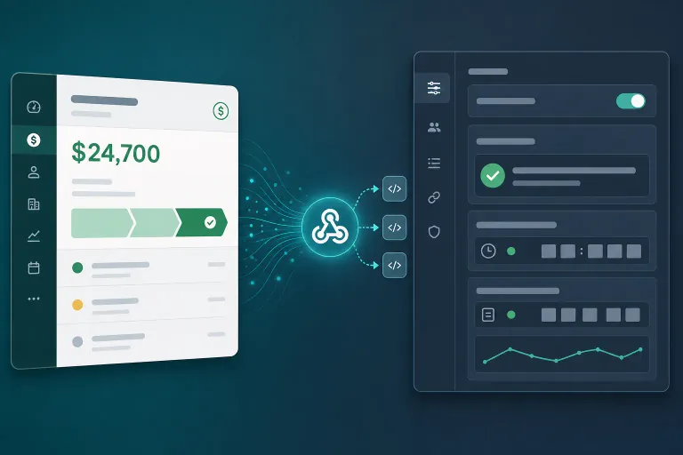 Illustration of a deal event connected to webhook monitoring controls.