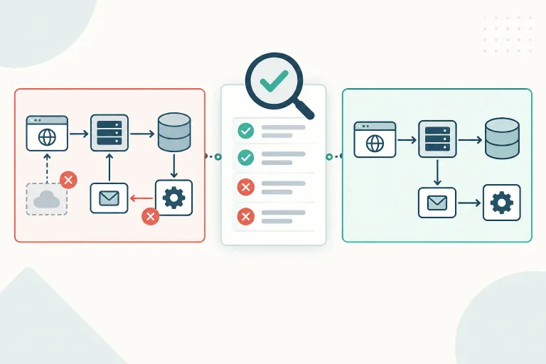 Editorial illustration comparing a flawed architecture diagram with a five-component verified diagram through an evidence checklist