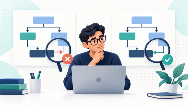 A software reviewer compares two flow diagrams, with an incorrect relationship flagged and the corrected relationship approved