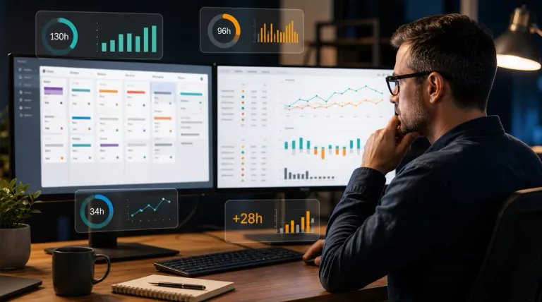 Delivery lead reviewing Jira sprint estimates, logged time, and overrun trends on project dashboards