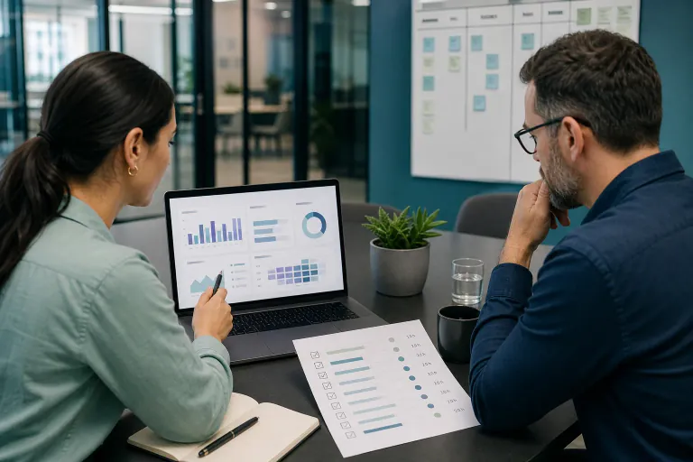 Scrum master preparing sprint review demo slides alongside Jira hour totals, logged time, and remaining work for stakeholders