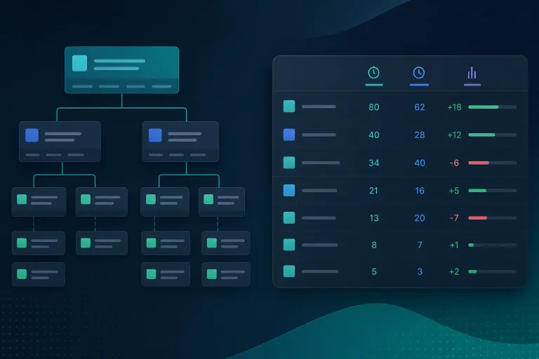 Project manager comparing Structure for Jira hierarchy tree with operational time rollup showing estimate, logged hours, and variance at epic level