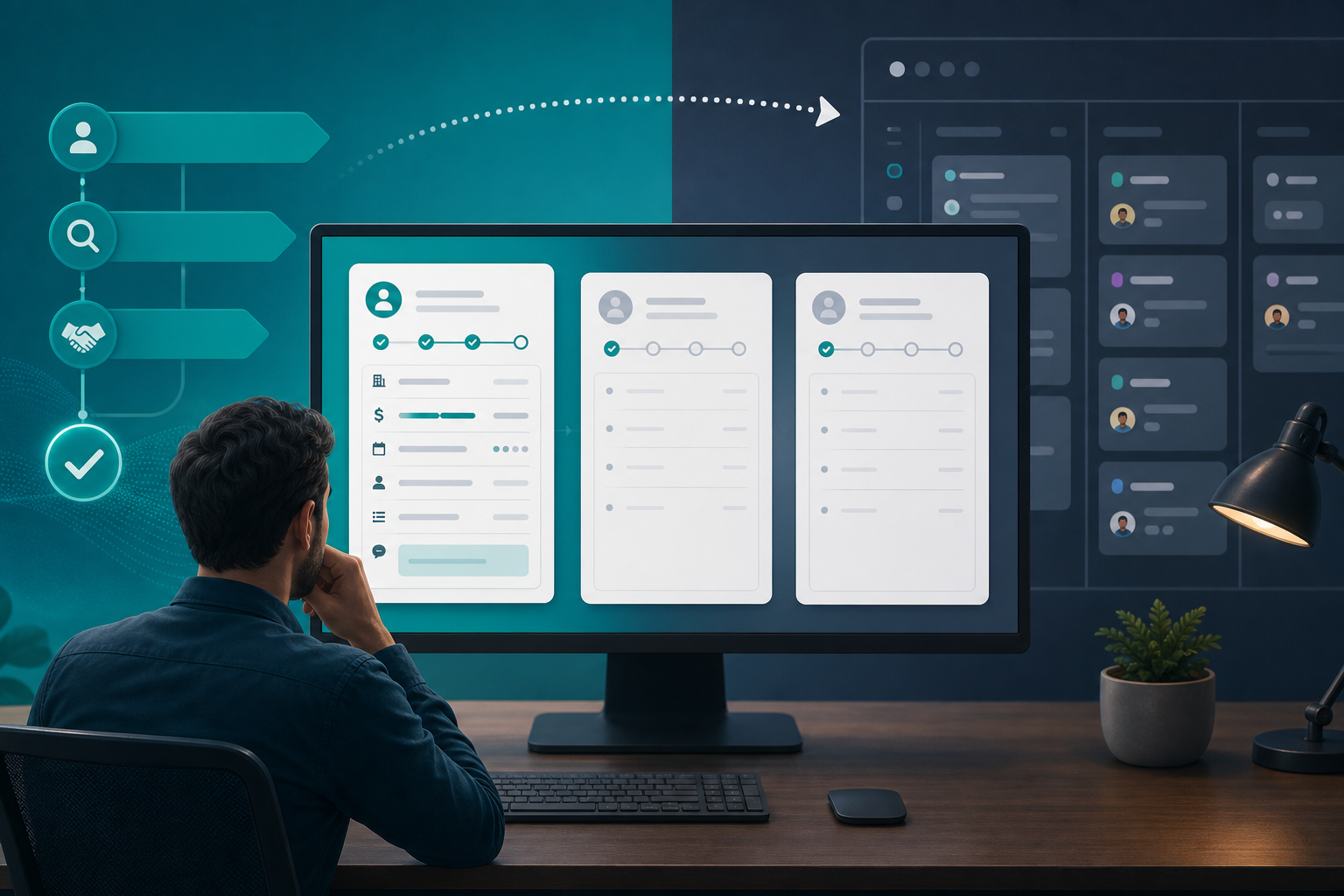 Agency delivery lead reviewing three parallel client onboarding epics in Jira after won Pipedrive deals with SOW tier and retainer billing context mapped from CRM