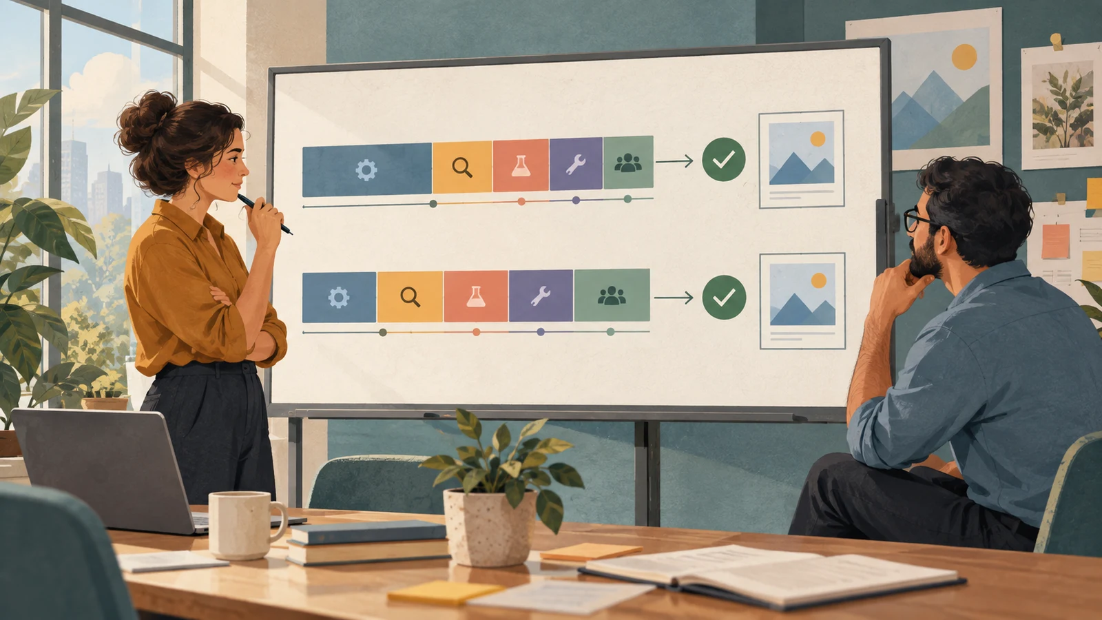 A delivery manager and engineer comparing two work timelines with creation, review, testing, correction, and verified outcome stages