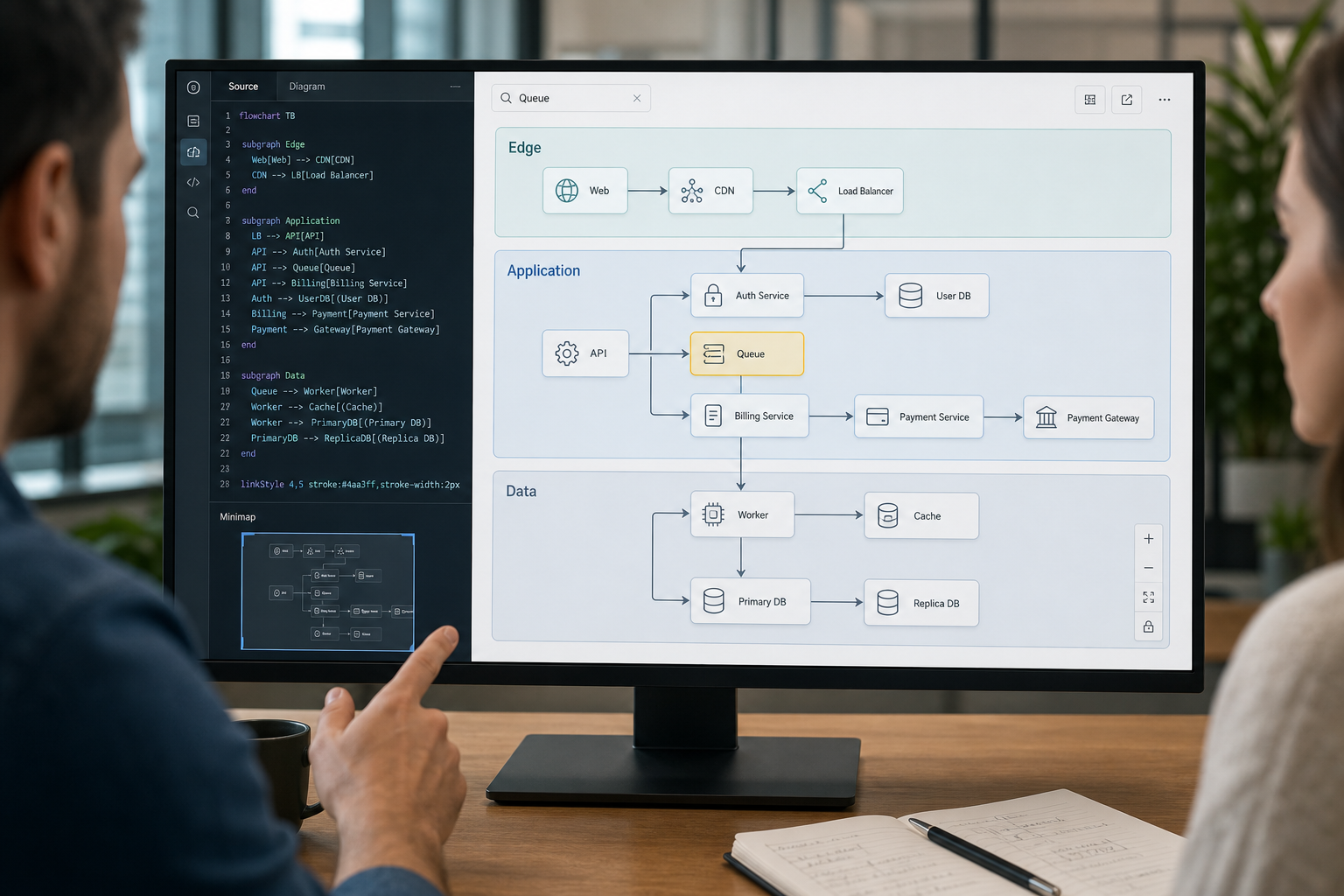 Architecture team reviewing a layered Mermaid system diagram with subgraph boundaries, wide reader navigation, and a source editor in Confluence