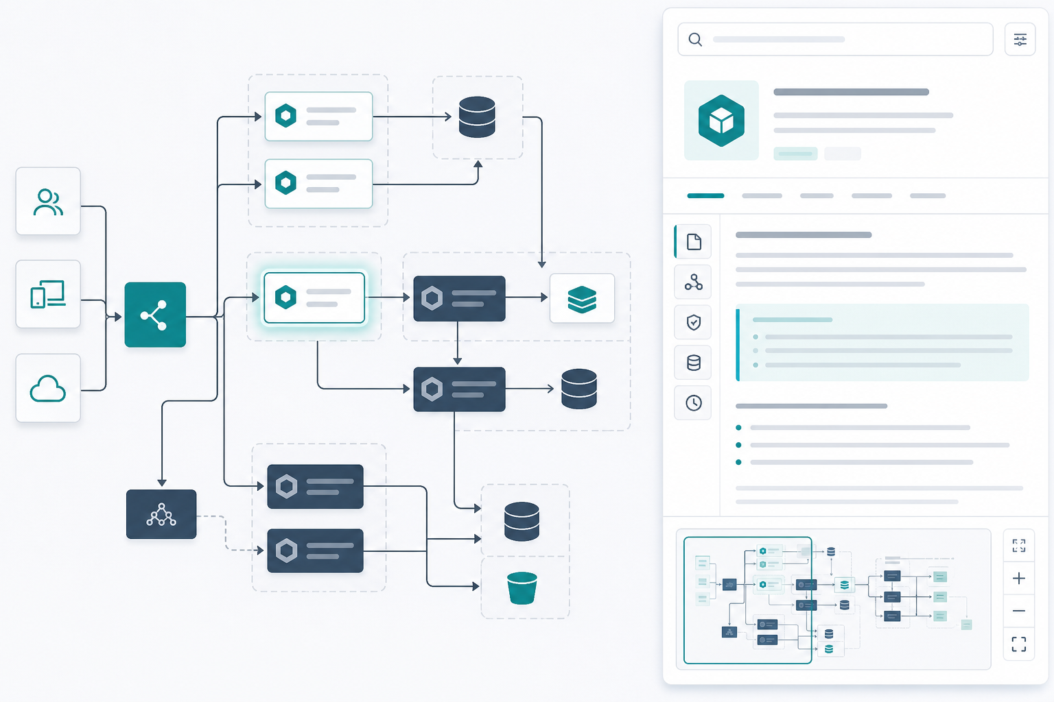 Documentation reviewer searching a large Mermaid architecture diagram in Confluence with match highlighting, minimap viewport, and wide reader navigation