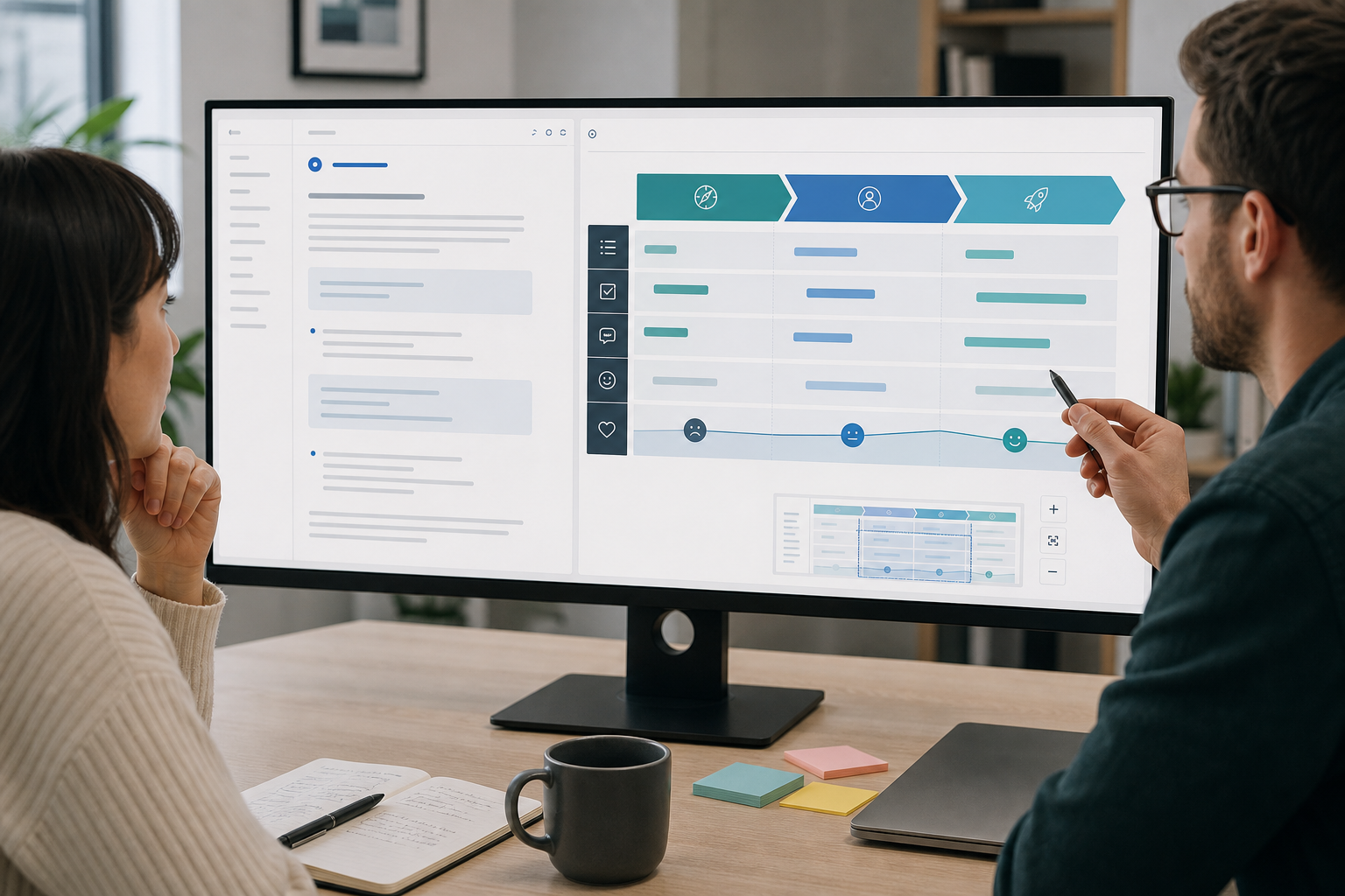 Product manager and UX writer reviewing a horizontal Mermaid user journey map with phased sections beside Confluence research prose and wide reader navigation