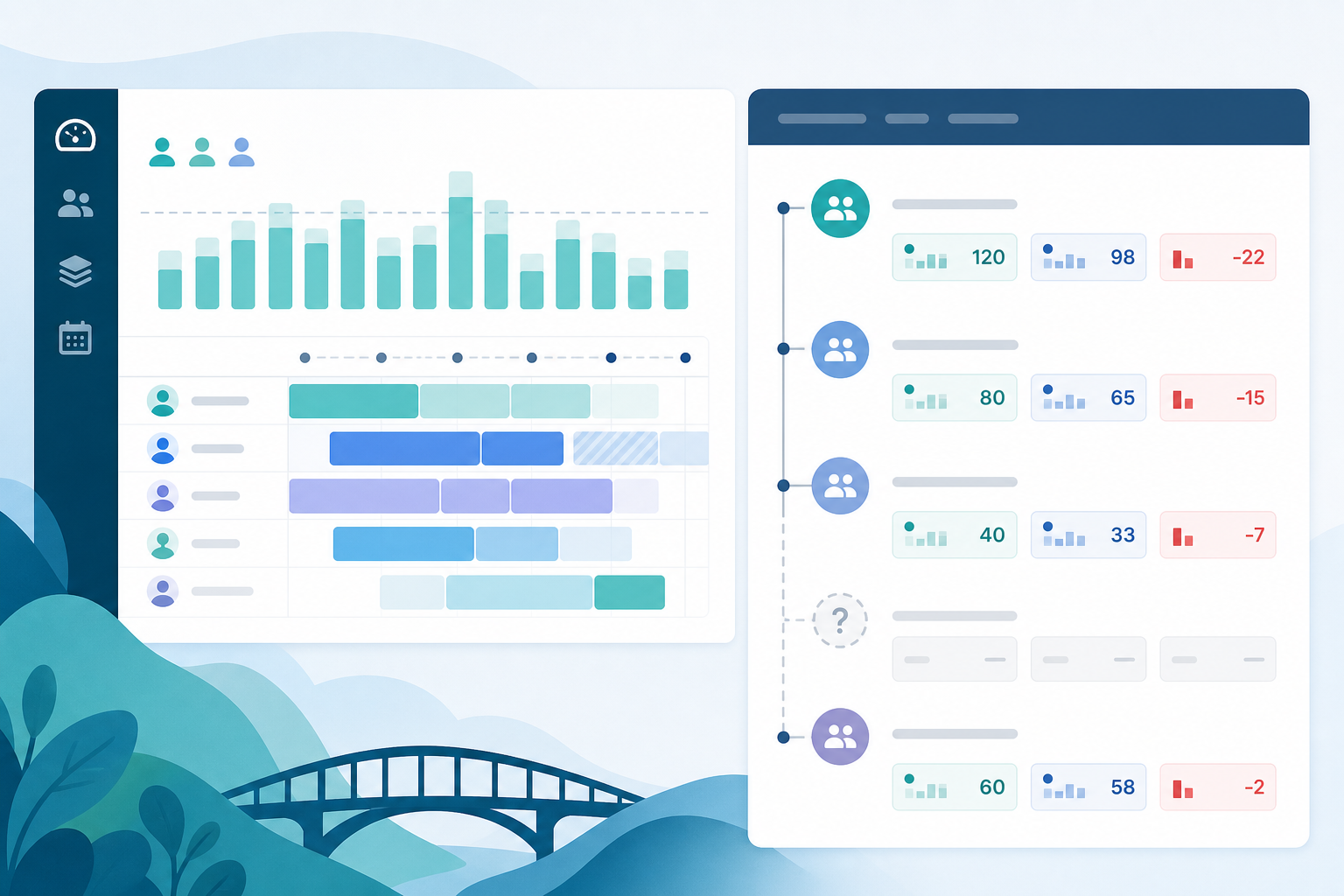 Jira admin reviewing a capacity planner buyer checklist comparing team workload aggregates with epic hour rollup gaps on a split planning dashboard