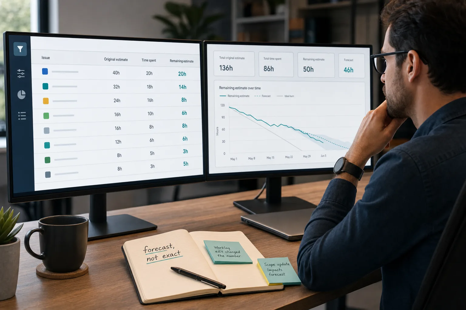 Project manager reviewing Jira remaining estimate changes after worklog edits on a time tracking report