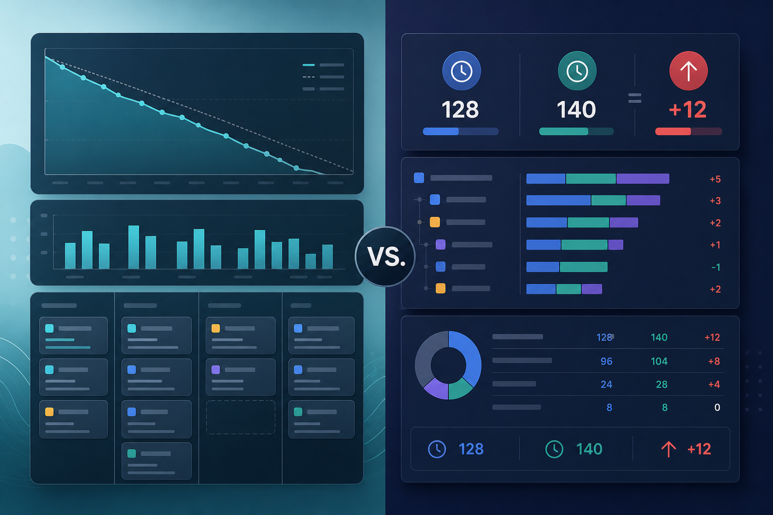 Scrum master and project manager contrasting Jira sprint burndown progress with estimate versus logged-time variance for a budget overrun explanation