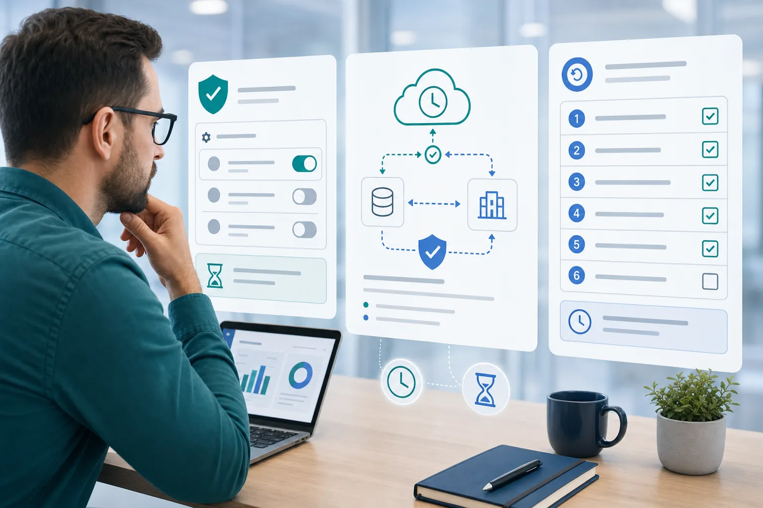 Jira administrator reviewing time tracking provider settings alongside permission, data flow, and rollback checklists