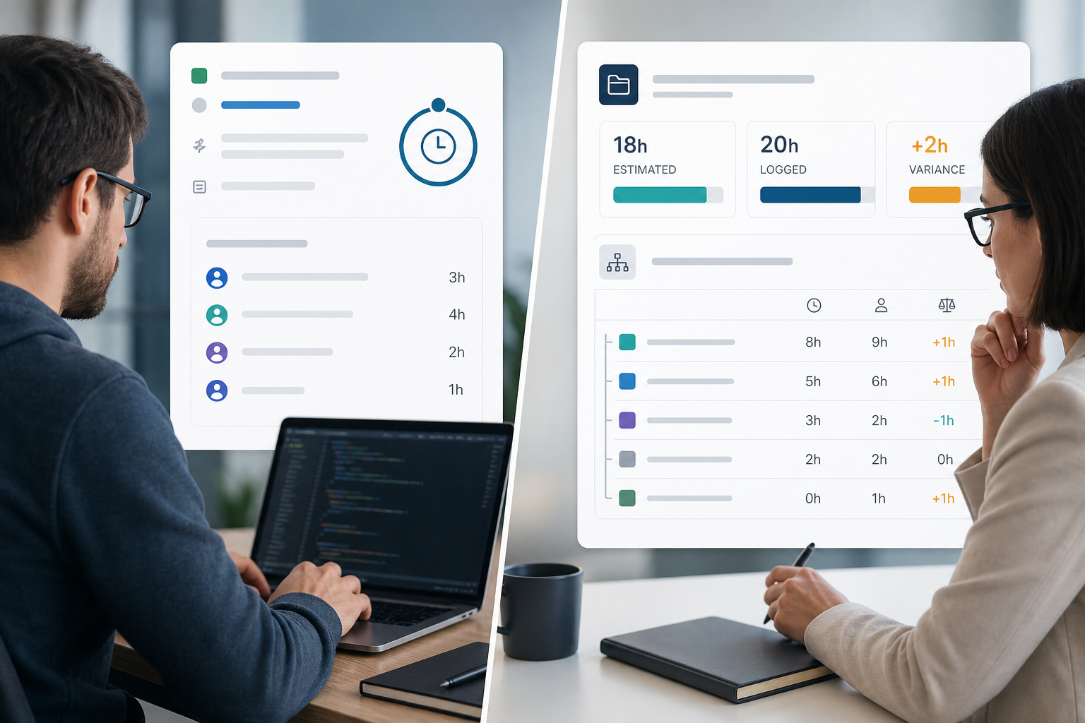 Developer using a Jira timer on a story while a project manager reviews epic-level estimate versus logged time rollup for budget visibility