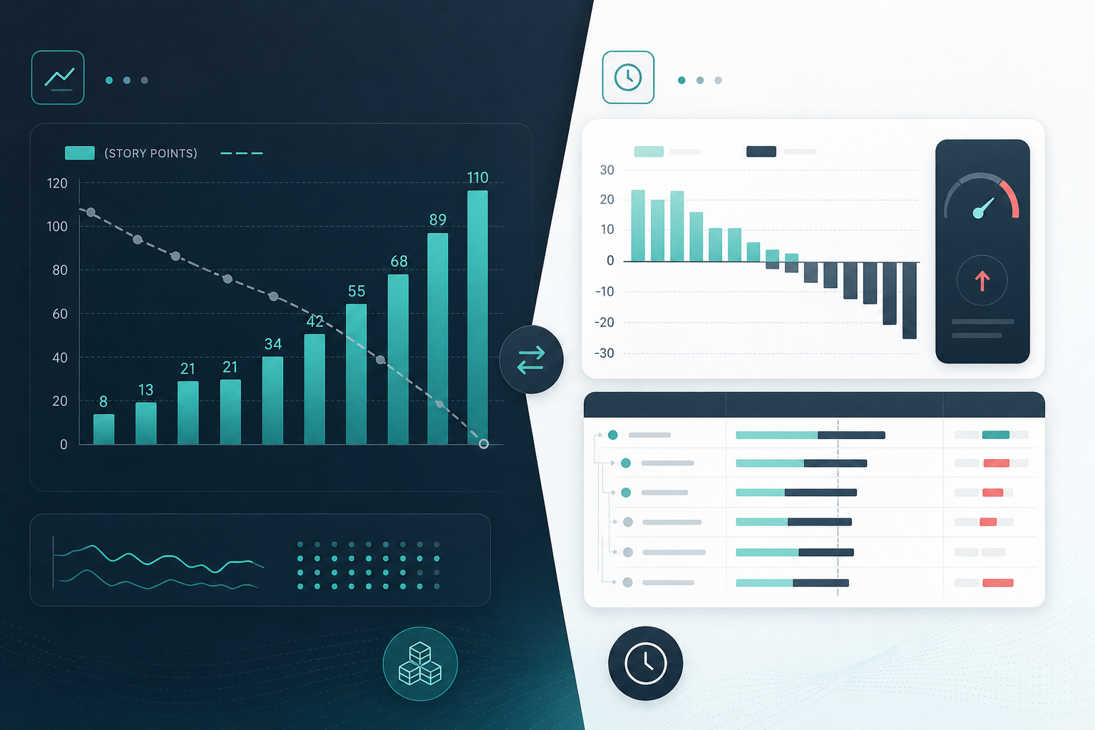 Agile coach and project manager contrasting Jira velocity story-point throughput with hour-based budget variance reporting for stakeholders