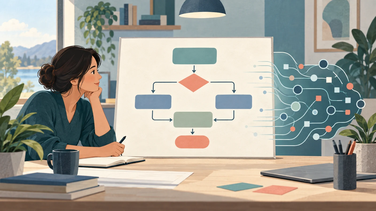 A process owner reviewing one clear flowchart that also connects to an abstract machine-readable structure