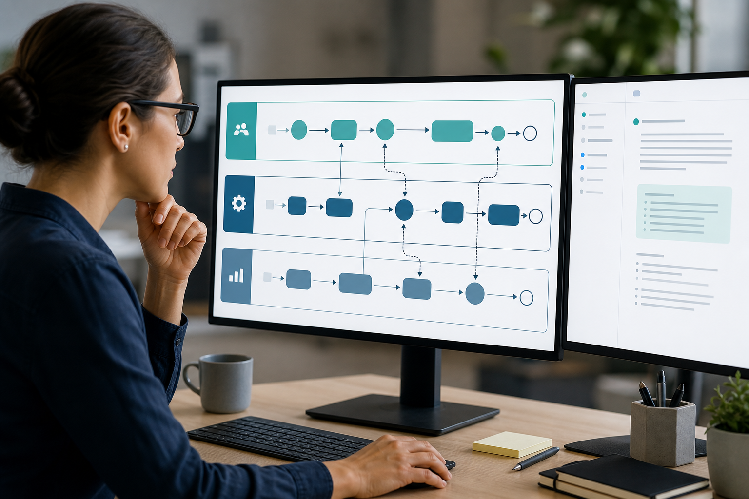 Operations lead reviewing a cross-team Mermaid swimlane flowchart with Sales, Operations, and Finance subgraph lanes beside Confluence workflow prose and wide reader navigation