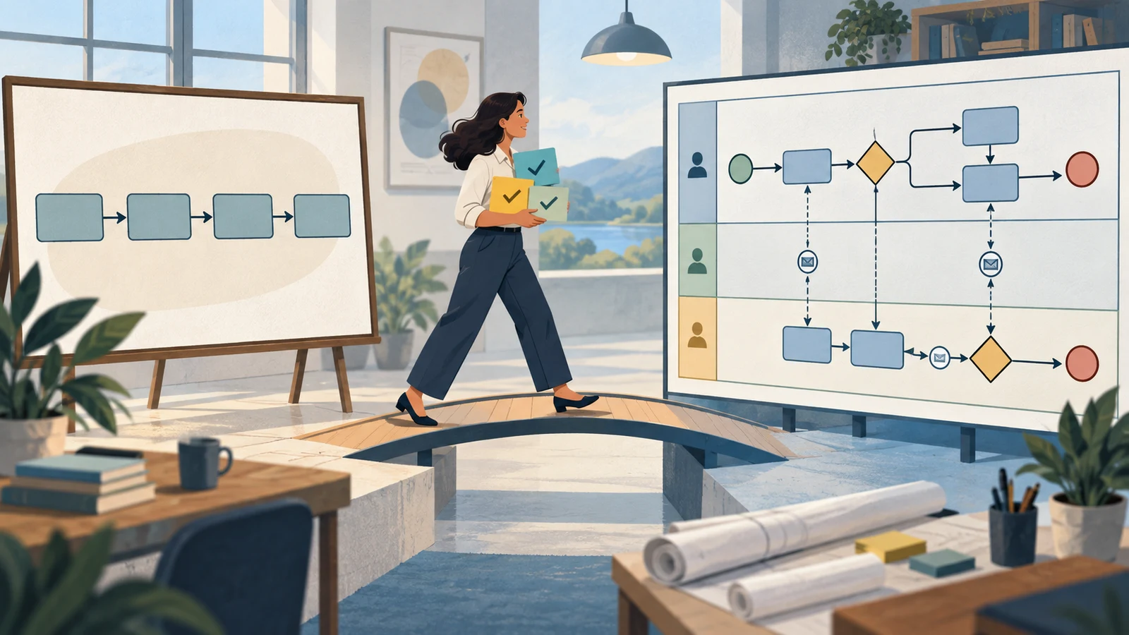 A process owner carrying verified decisions from a simple flowchart across a bridge to an illustrative process model with lanes, event circles and gateway diamonds