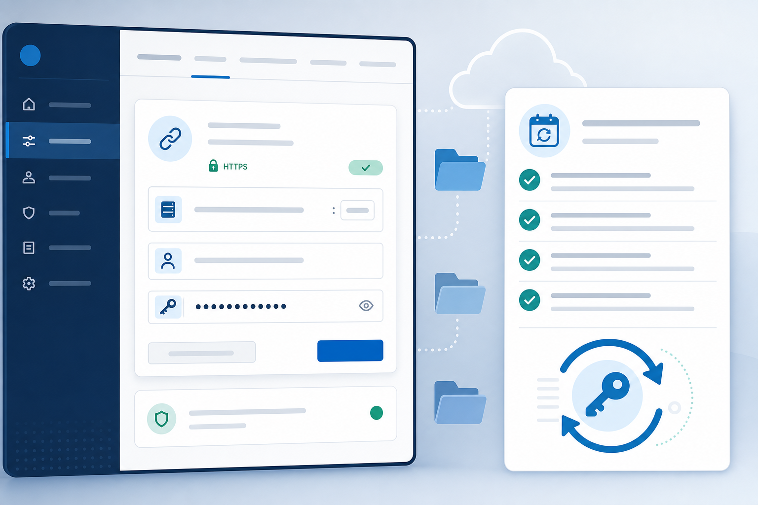 Jira administrator and Nextcloud admin reviewing service account app password setup, credential rotation checklist, and integration connection settings on a shared monitor