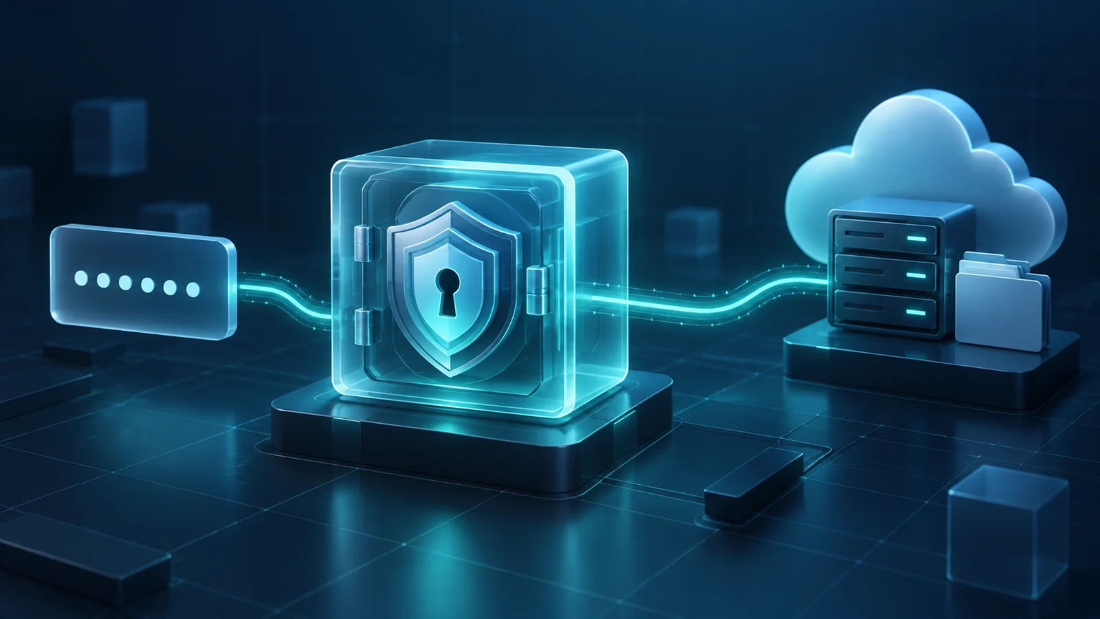 Illustration of an encrypted credential entering a protected Forge storage vault before an authenticated connection reaches a Nextcloud server