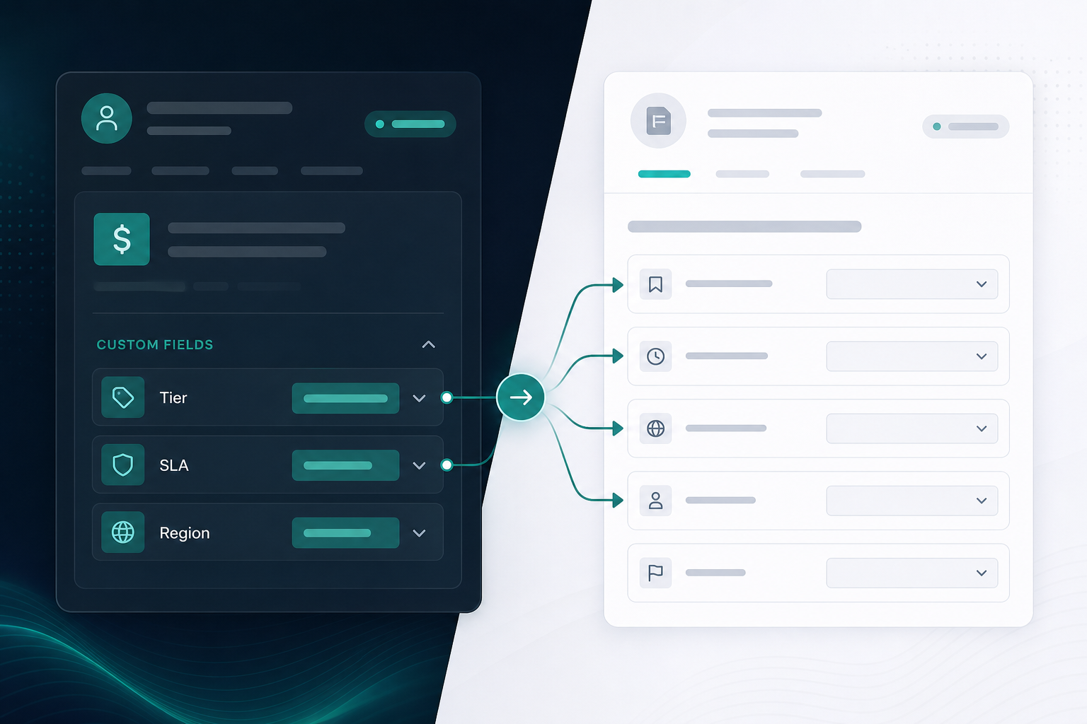 Implementation manager curating Pipedrive custom fields mapped into a structured Jira onboarding epic description beside unchecked CRM noise fields