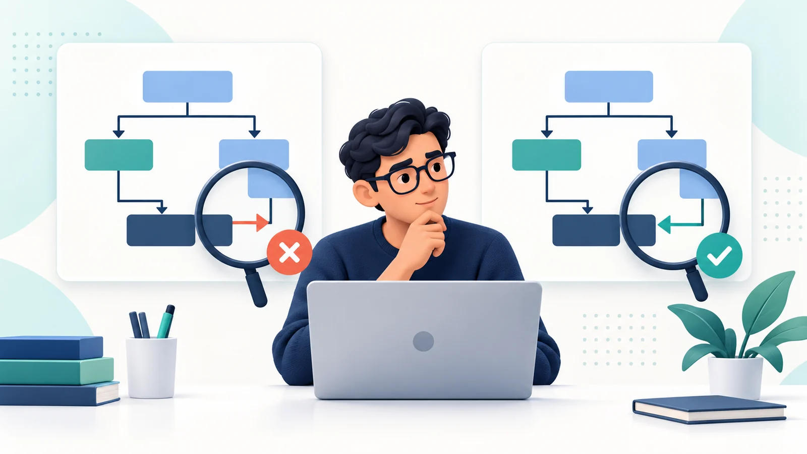 A software reviewer compares two flow diagrams, with an incorrect relationship flagged and the corrected relationship approved