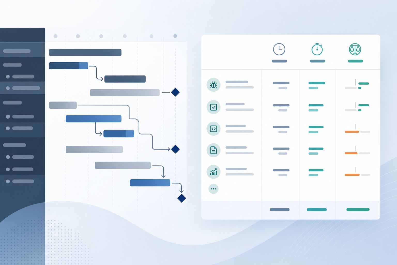 Project manager comparing Structure Gantt timeline bars with operational time rollup showing estimate, logged hours, and variance at epic level
