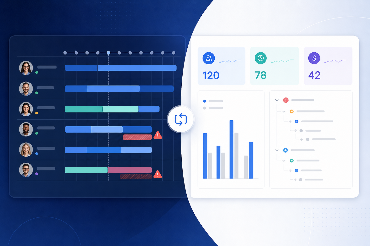 Resource manager comparing Tempo Planner team capacity timeline with Jira epic budget variance showing estimate, logged hours, and child issue breakdown