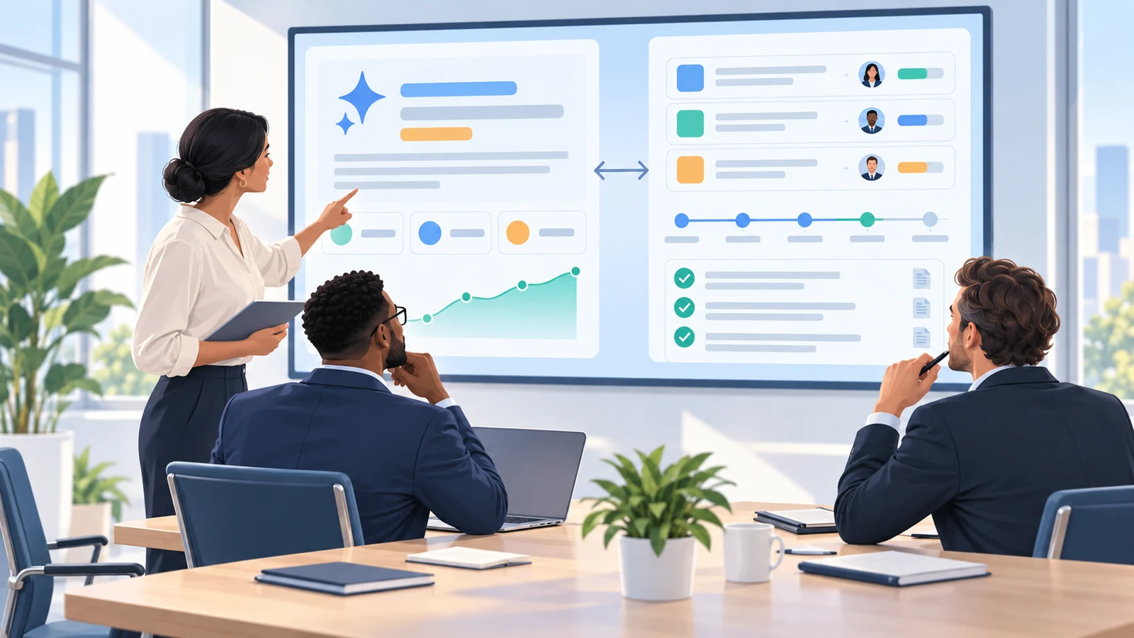 Managers comparing an AI-generated project summary with source records and a verification checklist